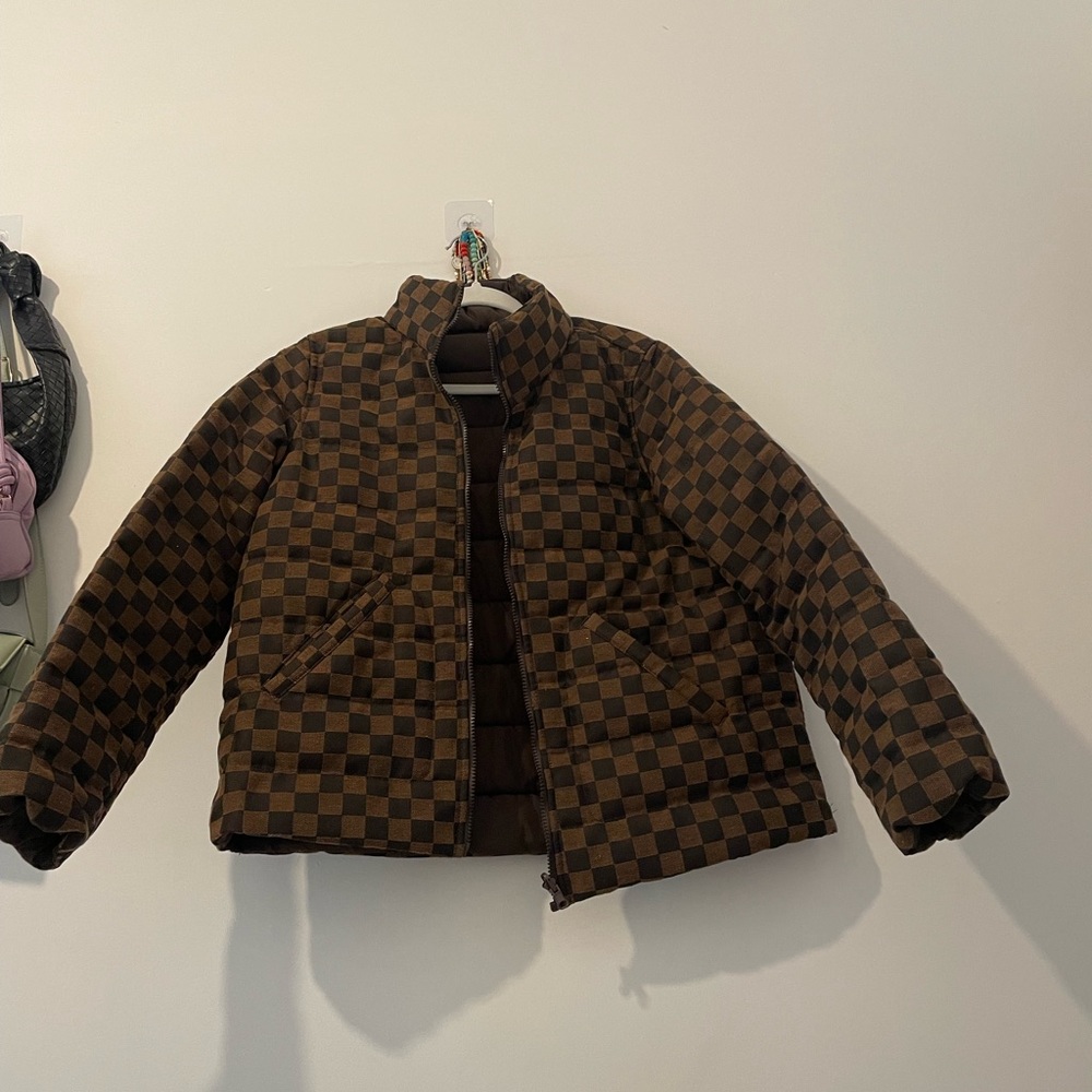 judy march checkered brown reversible puffer jacket coat